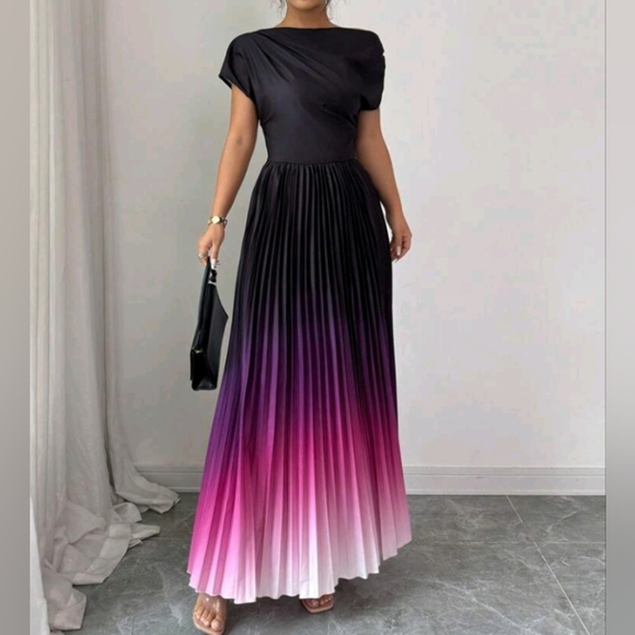 Elegant Gradient Print Batwing Sleeve Ruched Waist Women Long Dress - Picture 3 of 5